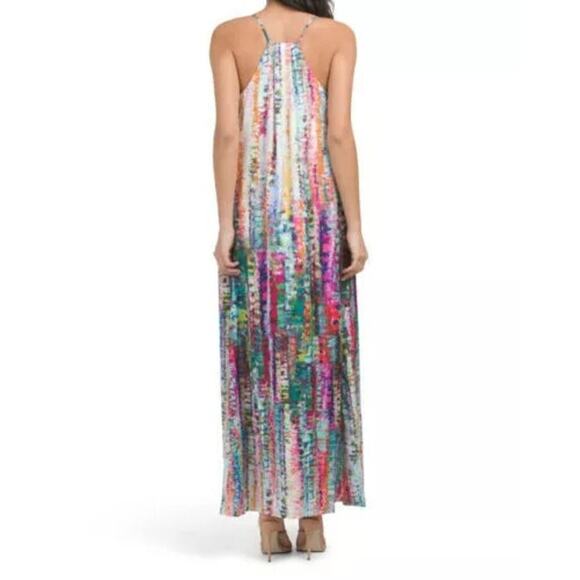 Nicole Miller Watercolor Abstract Print Satin Charmeuse Slip Maxi Dress Size L - Picture 2 of 8